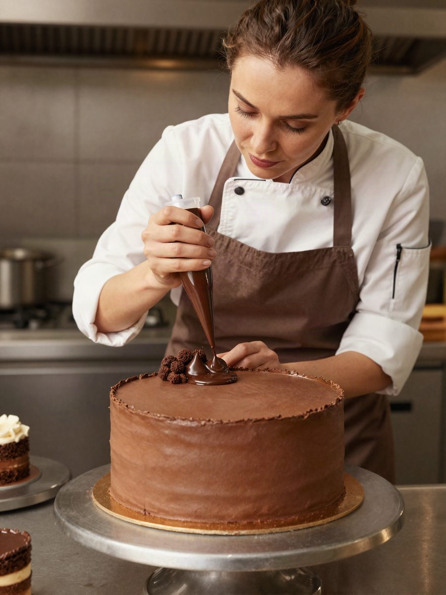 Confeiteira decorando um bolo em cozinha profissional