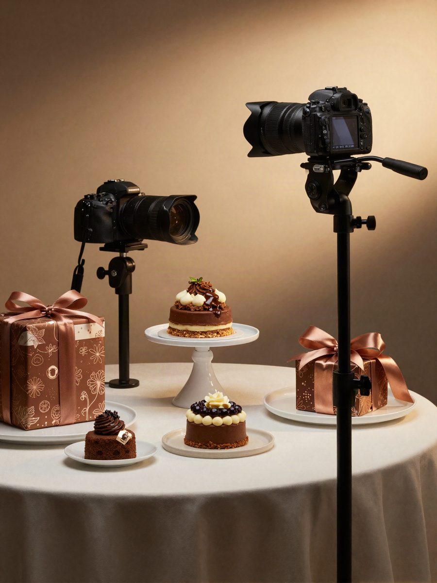Fotógrafo fotografando uma sobremesa estilizada com embalagens decorativas